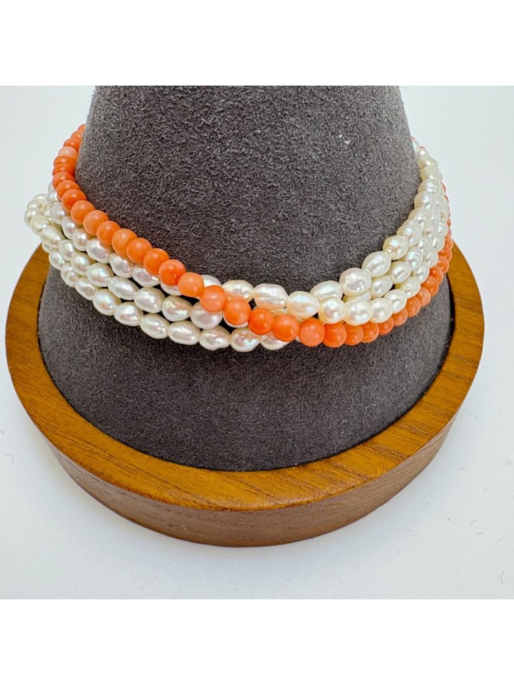 Natural Coral & Biwa Pearl Multi Strand Vintage 14KY Gold Clasp Bracelet 8" Leng